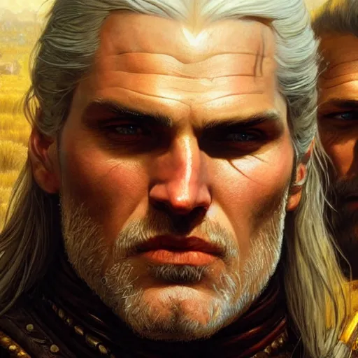 Prompt: geralt of rivia and jaskier. close up of their faces. natural lighting. highly detailed painting by gaston bussiere, j. c. leyendecker, greg rutkowski 8 k