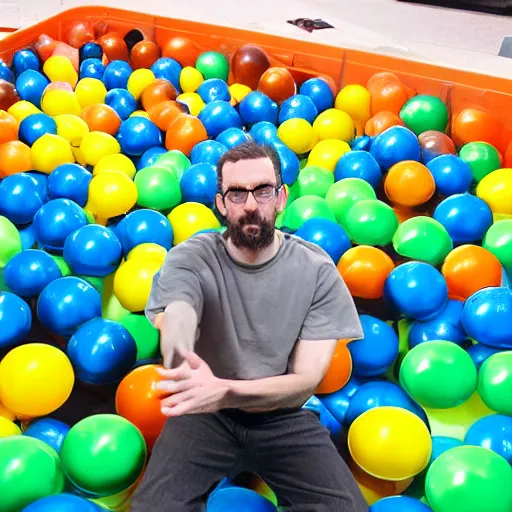 Image similar to gordon freeman from half life 2 playing in a ball pit