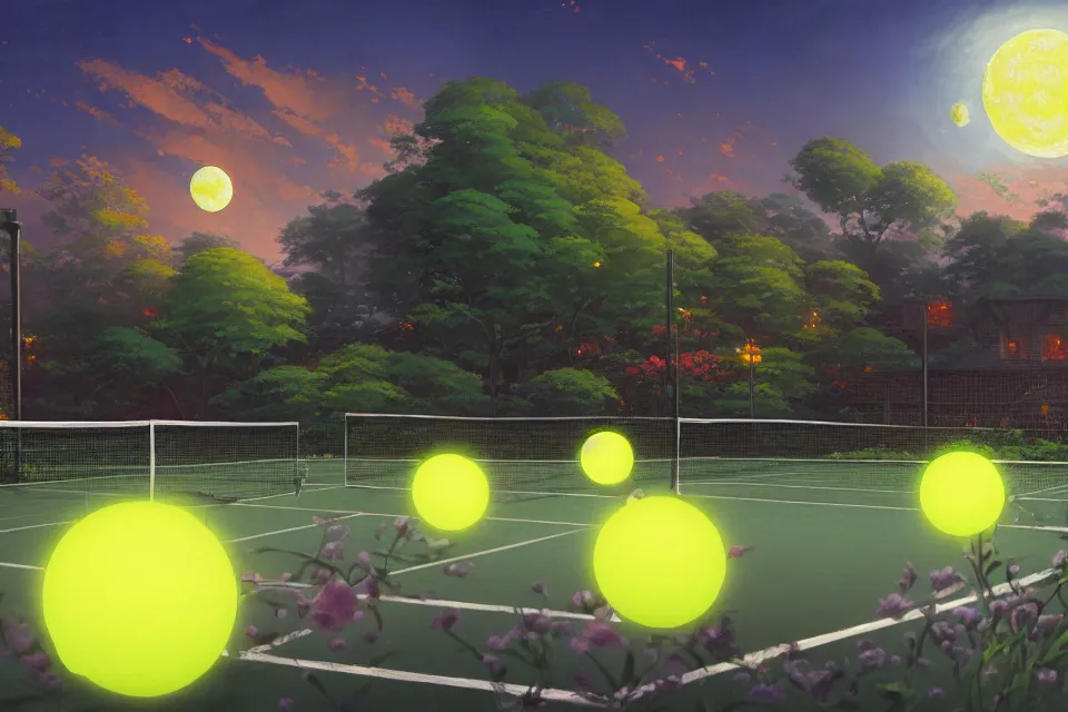 Prompt: A painting of a tennis ball court, moonlight with glowing tennis ball monsters and blooming gold flowers by makoto shinkai, thomas kinkade, james gilleard, very detailed, tone mapping, super wide angle