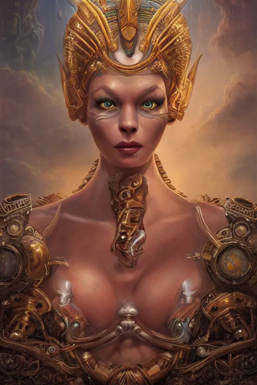 Image similar to portrait of a beautiful female hybrid atlantean anubis elsa jean, alien warrior regal, realistic, refined, detailed, digital art, michael cheval, esao andrews, steampunk, walt disney ( 1 9 3 7 ), francois boucher, oil painting, highly detailed, cinematic lighting, unreal engine, 8 k, hd