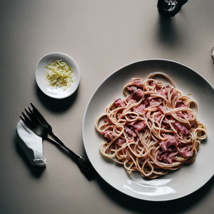 Image similar to kodak portra 4 0 0, 8 k, soft light, volumetric lighting, highly detailed, a photographic still life of a plate of carbonara, typical italian food, realistic, hyper realistic