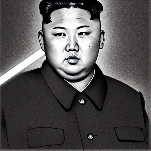 Image similar to a very detailed pencil drawing of kim jong un holding a lightsaber 4 k, high resolution, still, landscape, hd, dslr, hyper realistic, sketch