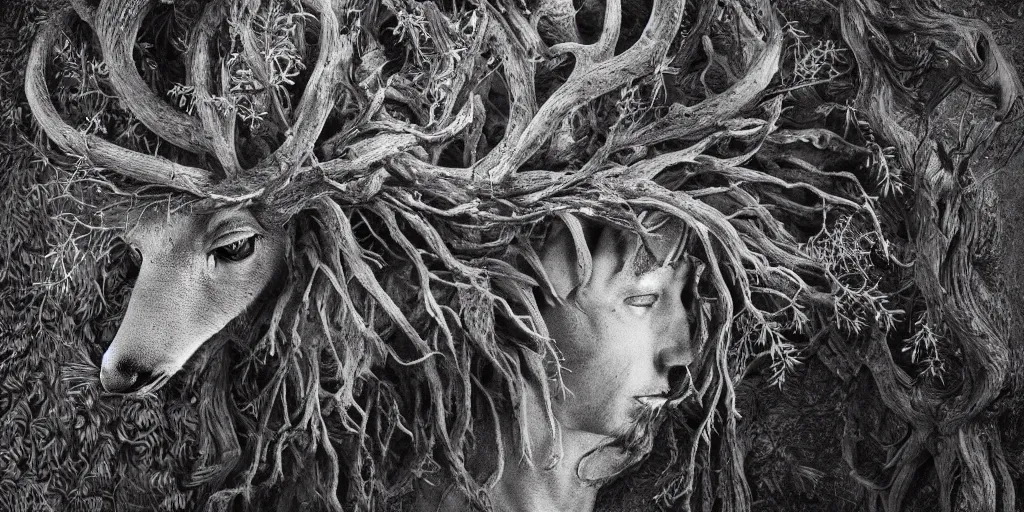 Image similar to portrait of deer head transforming into root monster, edelweiss growing on his head, forest, dolomites, alpine, detailed intricate insanely detailed octane render, 8k artistic 1920s photography, photorealistic, black and white, chiaroscuro, hd, by David Cronenberg, Raphael, Caravaggio