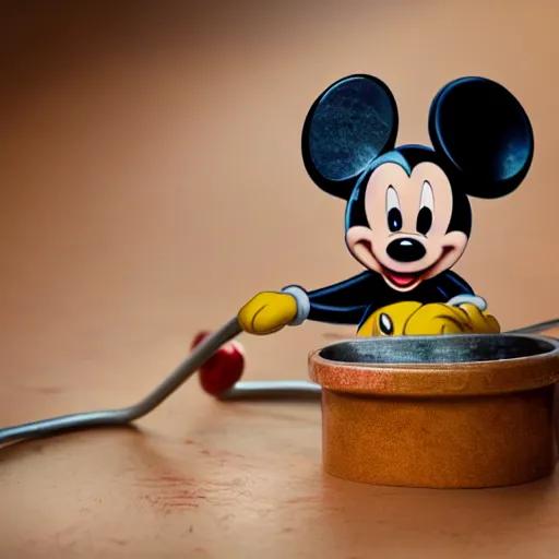 Image similar to close up of mickey mouse in a mouse trap, cinematographic shot, cartoon
