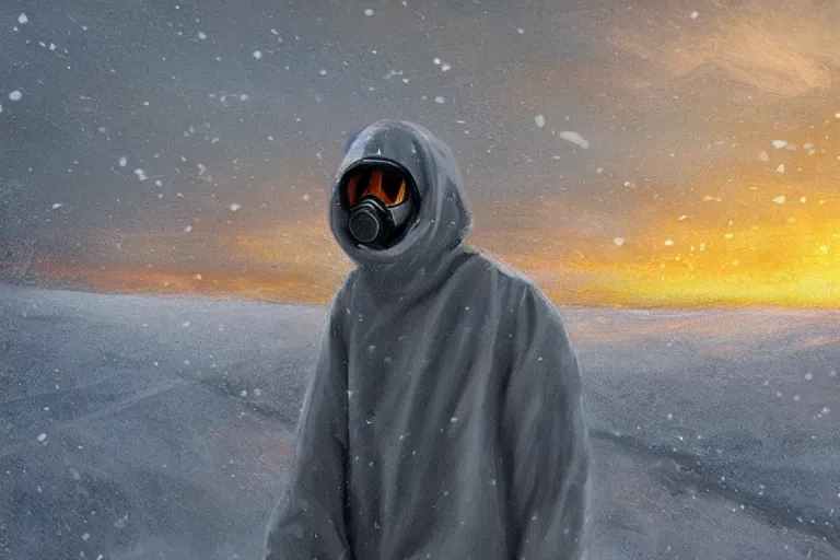 Image similar to ryan church jon mccoy concept art mood painting man wearing grey hazmat suit gas mask sitting against concreate wall snow covered field watching the beautiful winter sunrise