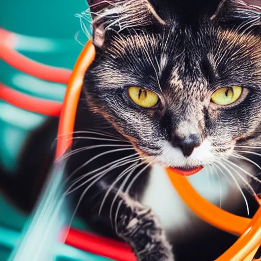 Image similar to black cat on a rollercoaster looping. focus on cats face. sunlight. polaroid photo. bright colors.