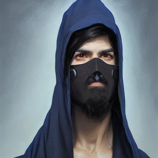 Image similar to ultra realistic illustration, man with black hair with a black mask, in blue hood, highly detailed, digital painting, artstation, concept art, smooth, sharp focus, illustration, art by artgerm and greg rutkowski and alphonse mucha