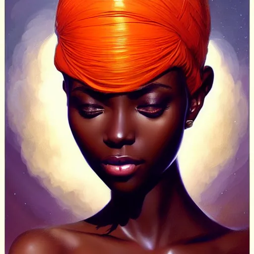 Image similar to portrait of very very very very very very beautiful african woman, spacesuit, orange eyes, intricate, elegant, highly detailed, digital painting, artstation, concept art, smooth, sharp focus, illustration, art by artgerm and greg rutkowski and alphonse mucha