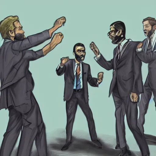 Image similar to highly detailed realistic sketch of UN members in suits yelling at a cyborg samurai, fear and anger in their eyes, colored , award winning , masterpiece on a scroll , post-processing