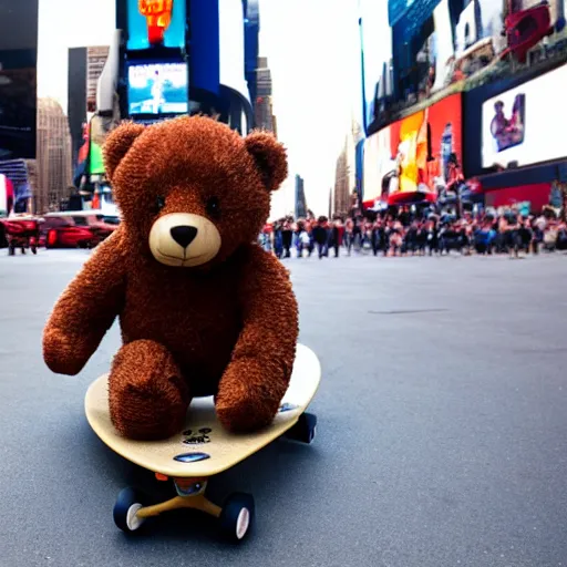 Image similar to A photo of a teddy bear on a skateboard in Times Square