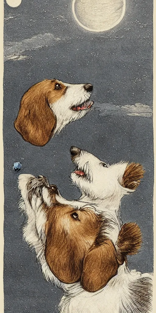 Image similar to jack russel dog looking up and howling with mouth open sad, night sky, highly detailed, side view, illustrated by peggy fortnum and beatrix potter and sir john tenniel