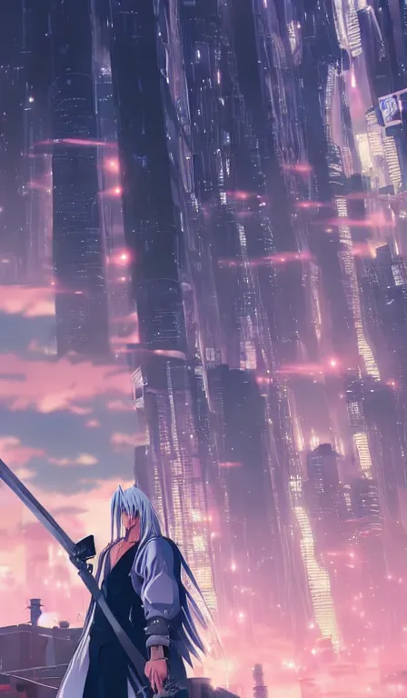 Prompt: anime fine details portrait of Sephiroth in front of cyberpunk moder city landscape on the background deep bokeh, close-up view, anime masterpiece by Studio Ghibli. 8k, sharp high quality anime, artstation