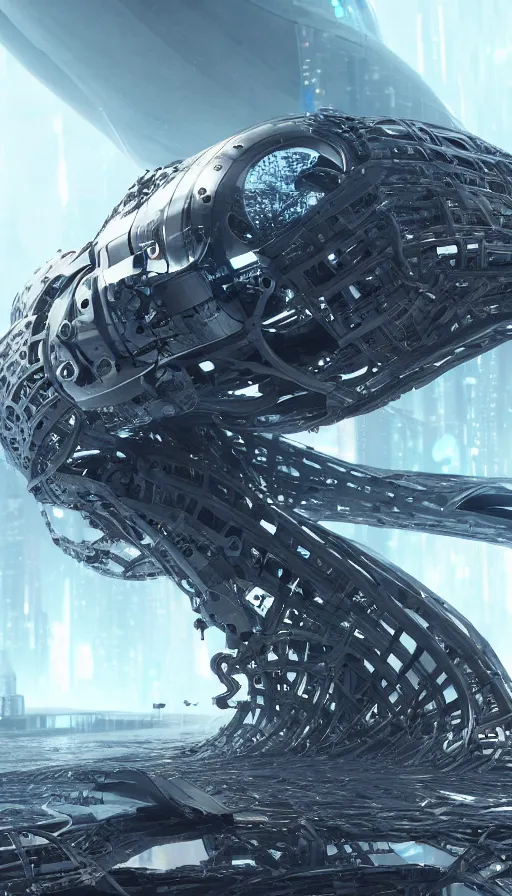 Image similar to summonic an futuristic biomechanical whale spirit, organic and robotic, made up of many bits of metal, skin, and plastic, shiny, cyberpunk, hyper realistic, octane render unreal engine render, 8k, super detailed