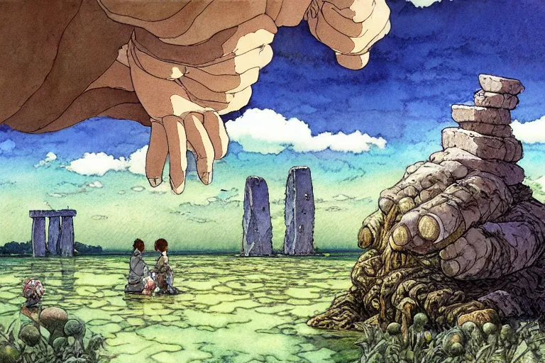 Prompt: a hyperrealist studio ghibli watercolor fantasy concept art. in the foreground is a giant hand lifting a stone. in the background is stonehenge. the scene is underwater on the sea floor. by rebecca guay, michael kaluta, charles vess