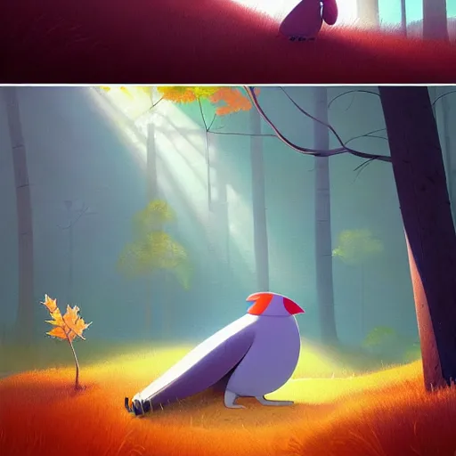 Image similar to goro fujita ilustration i am lying in the forest and i observe a bunch of tall autumn trees and in the center a large bird with its wings open with beautiful feathers that let through some light rays, painting by goro fujita, sharp focus, highly detailed, artstation