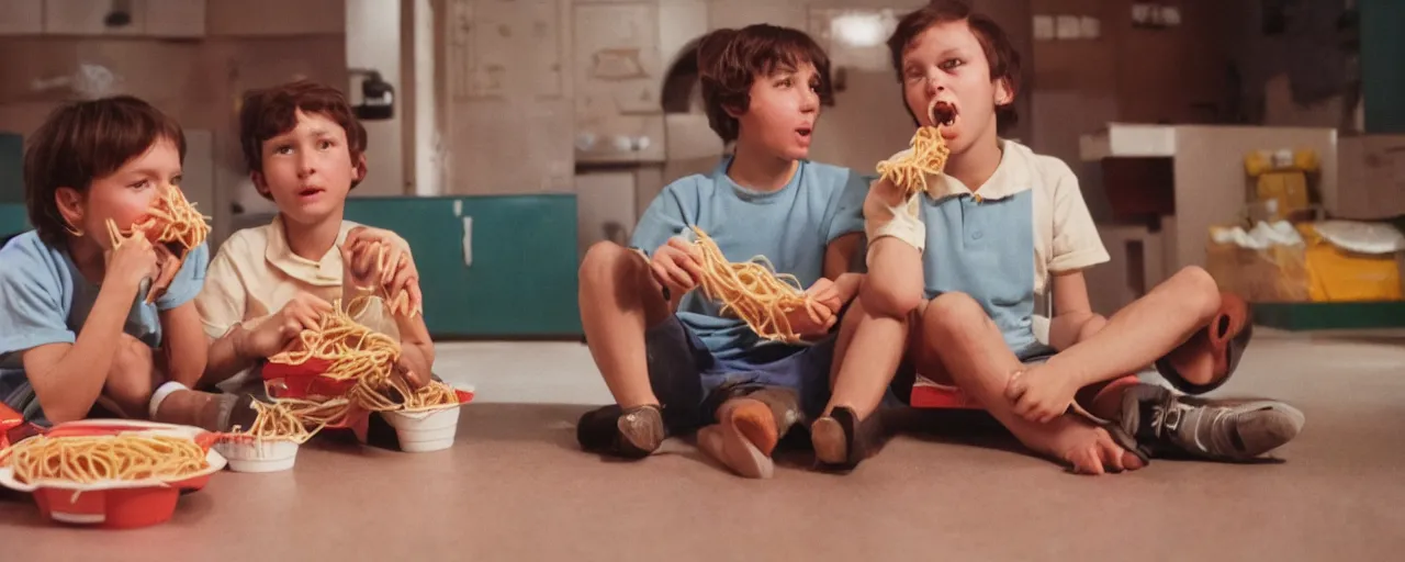 Image similar to a boy and girl at the movies snacking on a spaghetti container, kodachrome, in the style of wes anderson, retro