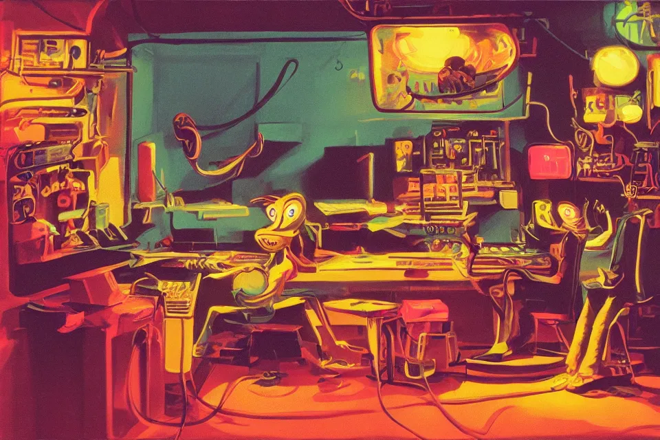 Image similar to mouse in a neon basement, by john kricfalusi and syd mead