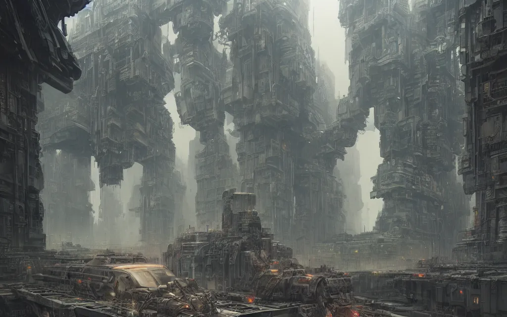 Prompt: gigantic mechanic megastructure, warhammer, cyberpunk, intricate, elegant, highly detailed, digital painting, artstation, concept art, smooth, sharp focus, octane render, dramatic lighting, volumetric lighting, cinematic lighting, art by zdislav beksinski and wayne barlowe