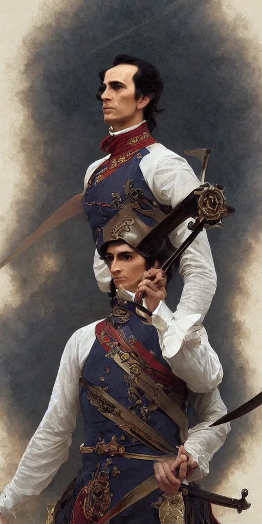 Image similar to portrait of simon bolivar holding a sword, intricate, elegant, highly detailed, digital painting, artstation, concept art, smooth, sharp focus, illustration, art by artgerm and greg rutkowski and alphonse mucha and william - adolphe bouguereau