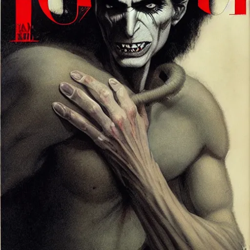 Image similar to head and shoulders vogue photo portrait of a male vampire, d & d, fantasy, greg rutkowski, frank frazetta, alexandre chaudret, boris vallejo, michael whelan, miro petrov, hr giger, magali villeneuve, donato giancola