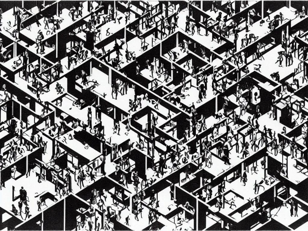 Image similar to madness in 90s cubicle office by M.C. Escher