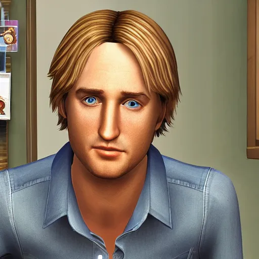 Image similar to a videogame still of Owen Wilson in The Sims 3, portrait, 40mm lens, shallow depth of field, close up, split lighting, cinematic