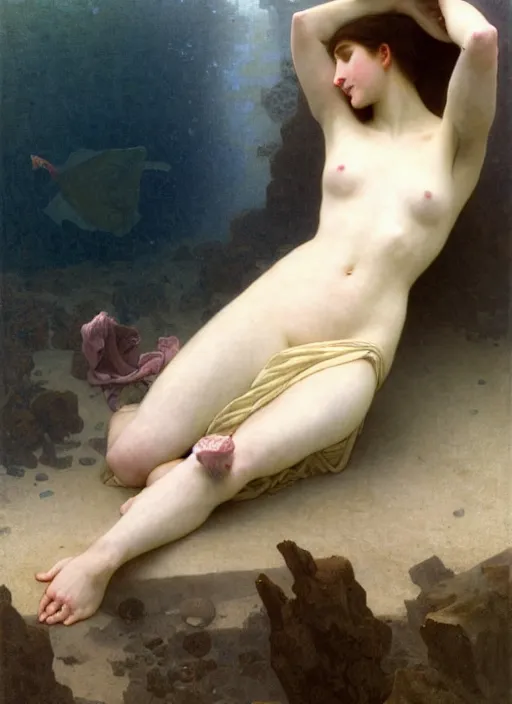 Prompt: long female dress abandoned on the bottom of the sea, art by ex machina, william - adolphe bouguereau