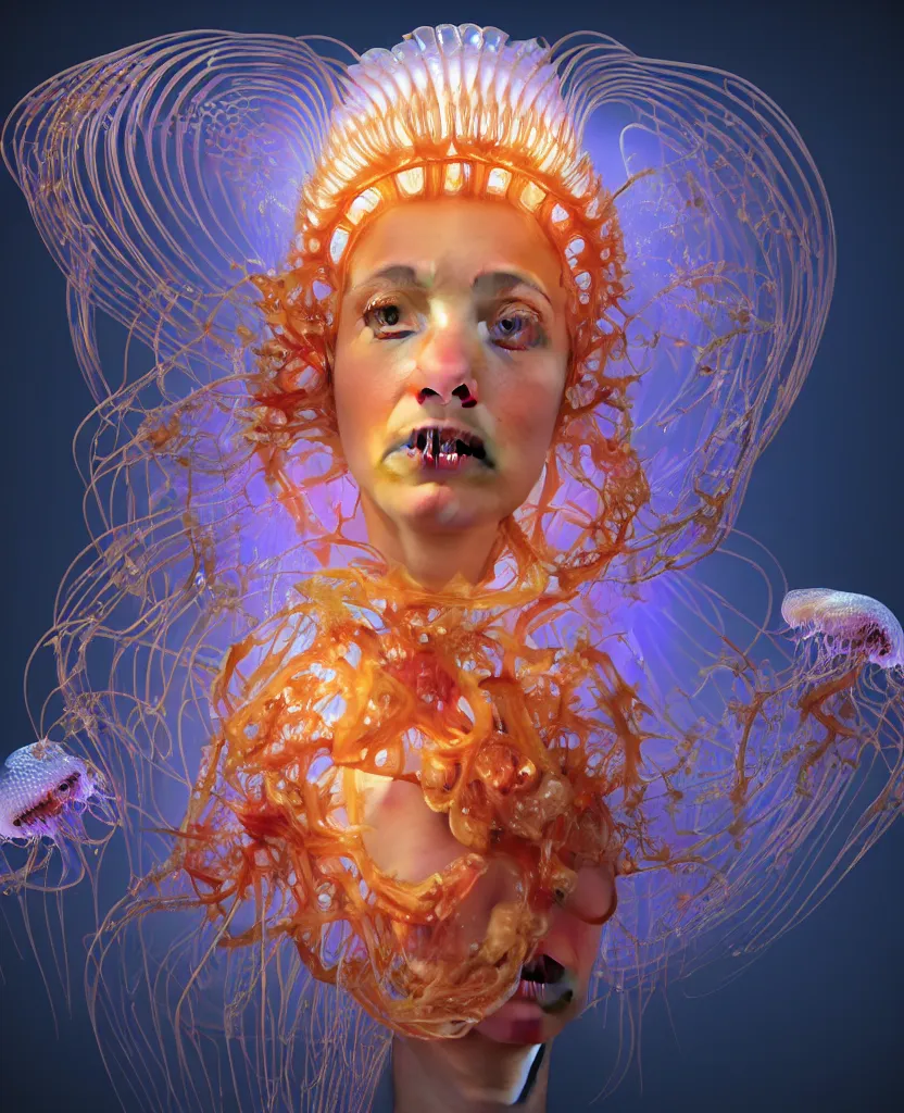 Image similar to close-up portrait of the face of a beautiful princess in a twisted flowers jellyfish mask surrounded by energy flow, epic angle and pose, symmetrical artwork, 3d with depth of field, blurred background, floating jellyfish skull phoenix bird, translucent, nautilus, energy flows of water and fire. a highly detailed epic cinematic concept art CG render. made in Maya, Blender and Photoshop, octane render, excellent composition, cinematic dystopian brutalist atmosphere, dynamic dramatic cinematic lighting, aesthetic, very inspirational, arthouse. y Greg Rutkowski, Ilya Kuvshinov, WLOP, Stanley Artgerm Lau, Ruan Jia and Fenghua Zhong