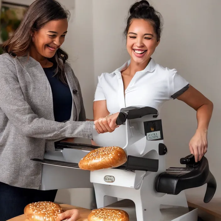 Prompt: a woman that is extremely happy about a young woman receiving her new bagel slicer from the future in the mail from amazon, 8 k,