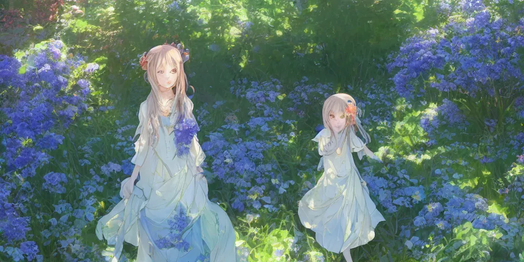 Prompt: a digital art of a loli with long hair in a dress in the privet garden at after noon, green and warm theme, blue flowers accents, back lighting, by krenz cushart and mucha and akihito yoshida and greg rutkowski and makoto shinkai, highly detailed, 4 k resolution, trending on art station