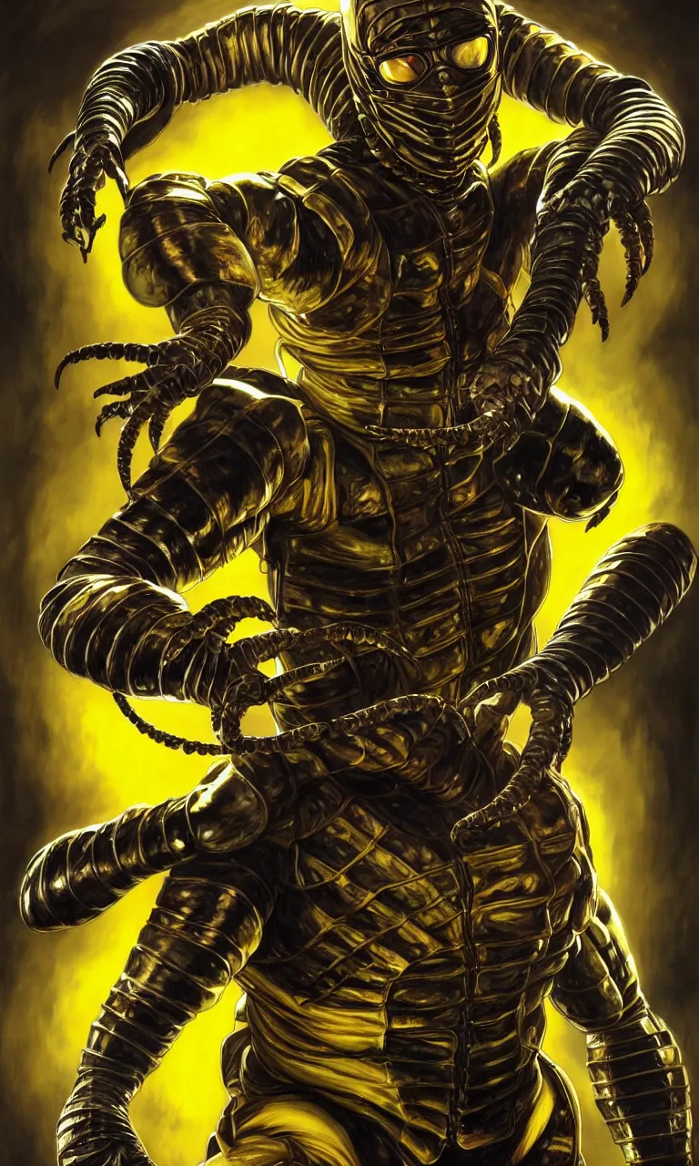 Image similar to hyper realistic full body portrait of scorpion from mortal kombat, yellow ninja exosuit, dynamic chain movement around him, by lee bermejo, alphonse mucha and greg rutkowski