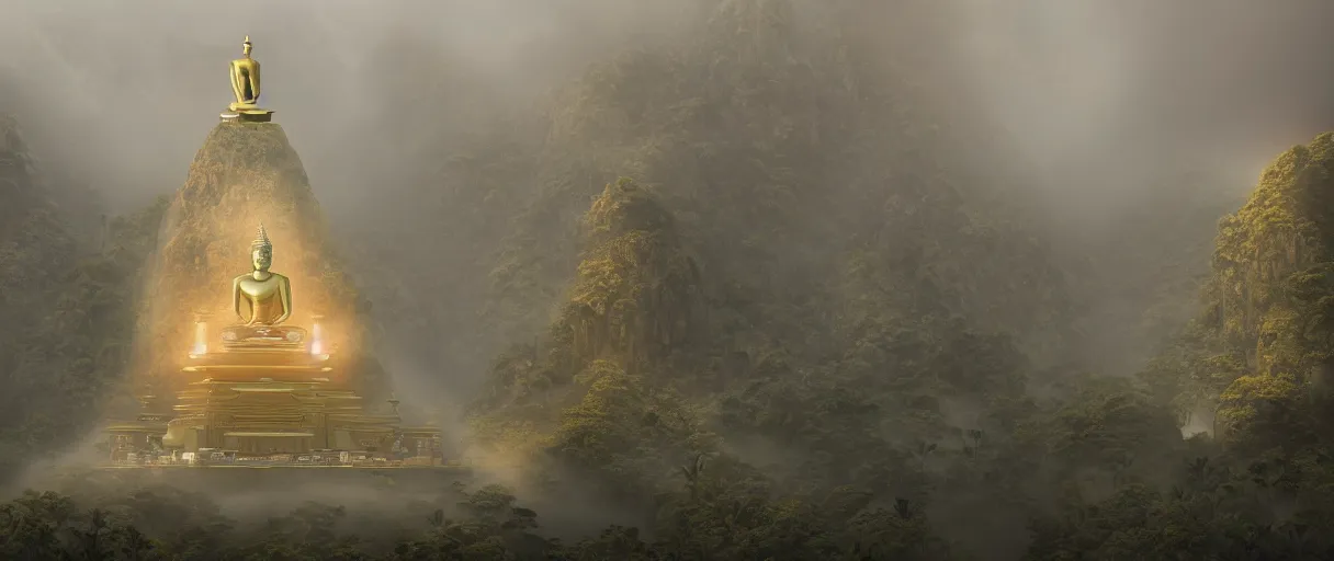 Prompt: a detailed buddhist temple on a misty mountain, a single sitting cyborg buddha with an orange robe silhouette, sci fi high detailed valley with palm trees, high camera angle, mystic atmosphere, a detailed metallic temple on a misty mountain, shiny metallic airships with reflections, volumetric fog, perspective painting, atmospheric shot, cinematic establishing shot, high detail digital painting, unreal engine, maya