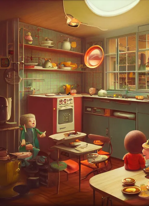 Image similar to highly detailed wide - angle portrait of a retro 1 9 6 0 s kitchen, nicoletta ceccoli, mark ryden, lostfish, earl nore, hyung tae, frank frazetta, global illumination, god rays, detailed and intricate environment