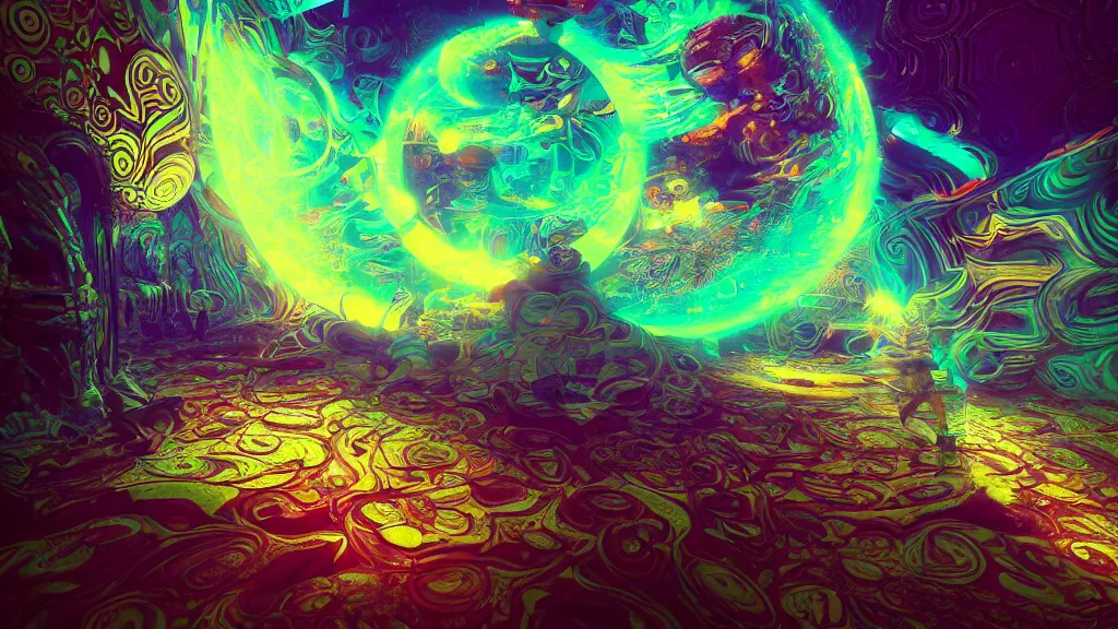 Prompt: lsd visuals dmt visuals shroom visuals a monkey face spirals and fractal designs infinity by Paul Lehr and moebius and beeple and in the middle a portal back to reality, filmic, cinematic, into the void, octane render, pbr, path based rendering, volumetric clouds, particle physics, glorious