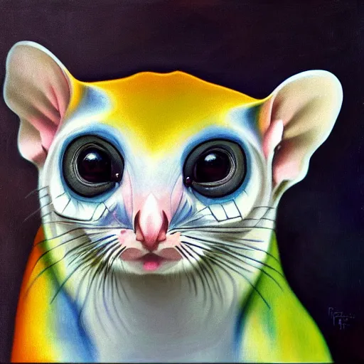 Prompt: Intricate five star Sugar glider facial portrait by Pablo Picasso, oil on canvas, high detail, matte finish, high contrast, 3d depth, masterpiece, vivid colors, artstationhd