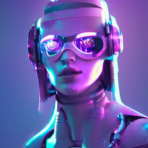 Image similar to cyberpunk concept cool girl cyborg bot, cinema 4 d, galaxy, ufo, space sci - fi, wearing vr goggles, illustration, portrait, pastel neon textured background night, trending on artstation, greg rutkowski, octane rendered, 1 2 k, detailed,