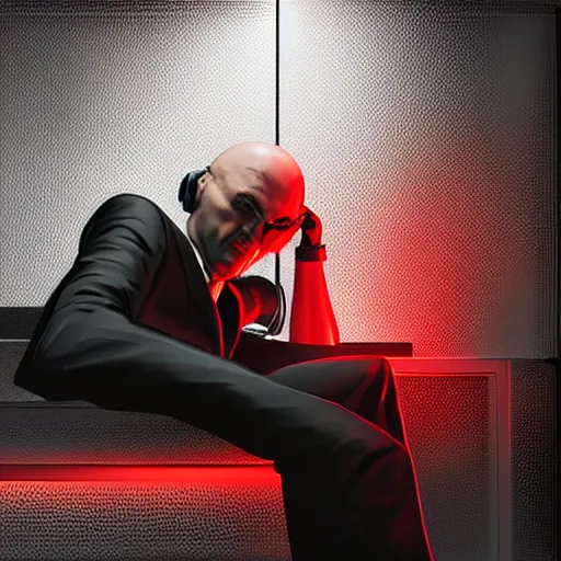 Prompt: agent 4 7 laying down listening to music in front of large stereo speakers surrounded by cables, black background, red rim light, highly detailed, smooth, sharp focus, art by maciej kuciara