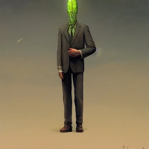 Prompt: a pickle in a suit and tie, by giger, stalenhag, beksinski, retro sci - fi movie, highly detailed, photorealistic, illustration, matte painting, 8 k, hd, trending on artstation