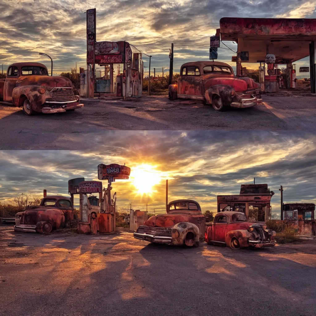 Image similar to a sunset light landscape with historical route 6 6, lots of sparkling details and sun ray ’ s, blinding backlight, smoke, volumetric lighting, colorful, octane, 3 5 mm, abandoned gas station, old rusty pickup - truck, beautiful epic colored reflections, very colorful heavenly, softlight