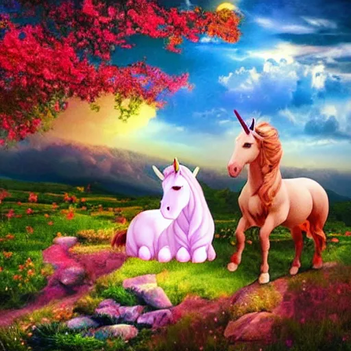 Image similar to dream : a fabulous landscape, a magical unicorn. a boy is sitting astride him. a cat is lying