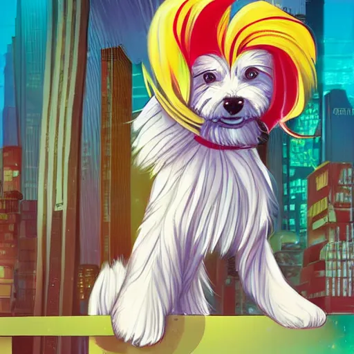 Image similar to cream colored havanese dog dressed as a super hero, tight shot, futuristic city, daytime, bright colors, highly coherent, saga comic, graphic novel, fiona staples