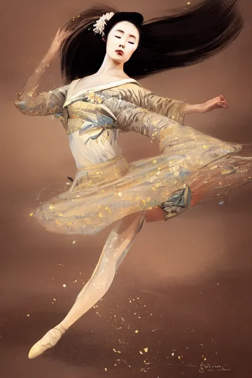 Image similar to magnificent full body geisha prima ballerina dancing in the wind, intricate, elegant, volumetric lighting, digital painting, highly detailed, artstation, sharp focus, illustration, concept art, ruan jia, steve mccurry