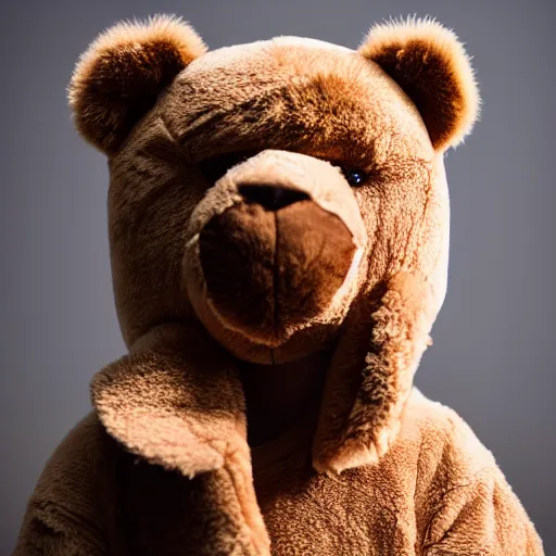 Image similar to ( ( ( ( the face of kanye west ) ) ) ) wearing teddy bear costume at 4 2 years old, portrait by julia cameron, chiaroscuro lighting, shallow depth of field, 8 0 mm, f 1. 8