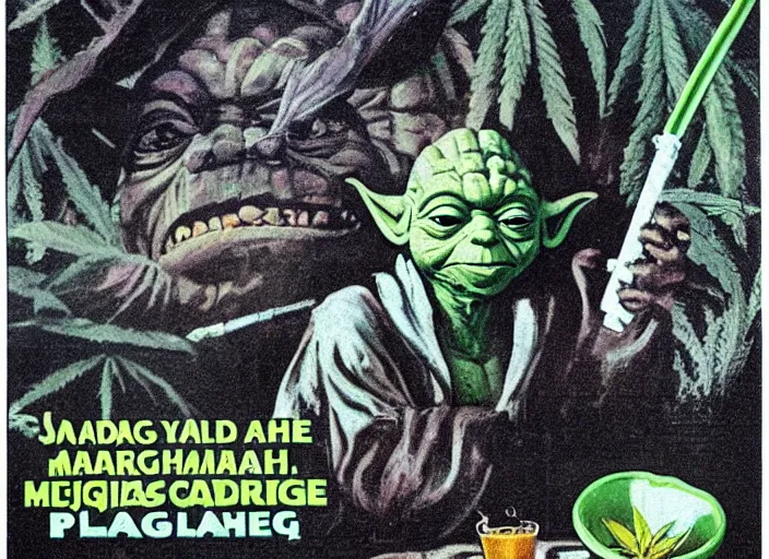 Image similar to vintage travel advertisement for the planet dagobah, of yoda smoking a huge marijuana cigarette, surrounded by cannabis plants