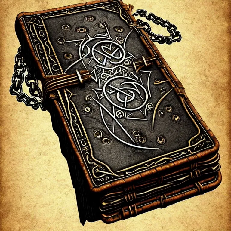 Prompt: epic professional digital art of an ancient leather-bound spellbook with heavy metal chains and thick metal clasps inscribed with runes; best on artstation