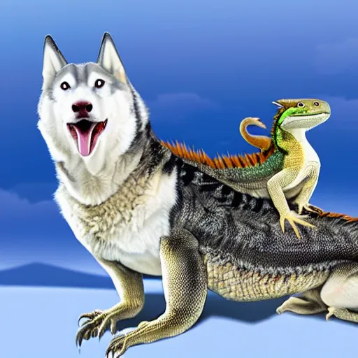 Prompt: bearded dragon riding the back of a siberian husky, photorealistic