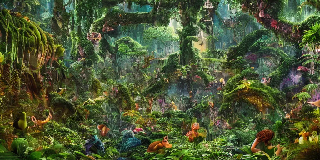 Prompt: extra wide view. a marvelous magic forest jungle inhabited with fantastic creatures. iridescent. annihilation. hyper - detailed. hyperreal. unreal render.