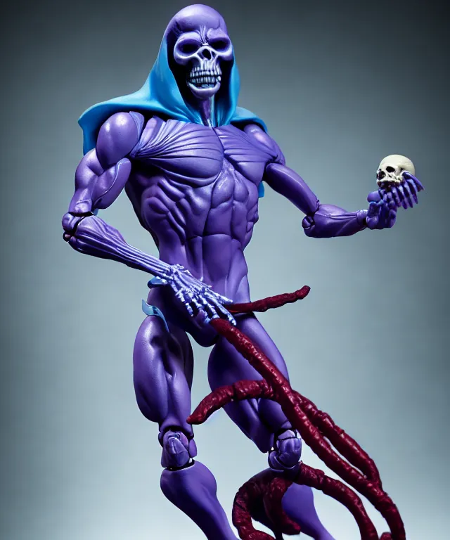 Image similar to hyperrealistic rendering, skeletor, by art of skinner and richard corben and jeff easley, product photography, action figure, sofubi, studio lighting, colored gels