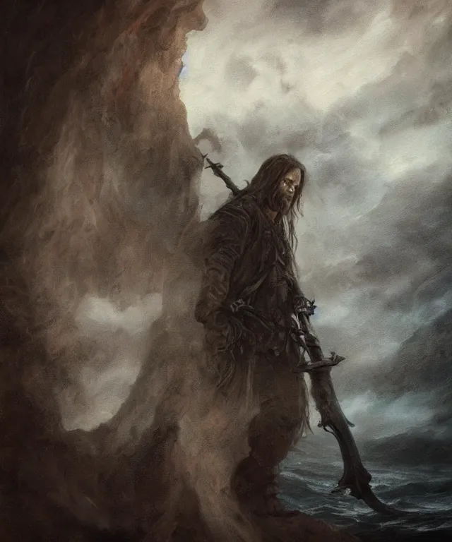 Image similar to ultra realistic color portrait painting of a tranparent 1 7 th century pirate ghost with a sword in a grotto, dark, painted, brooding, atmospheric, seascape, horror, smooth, epic, highly detailed, cinematic, by leesha hannigan, ross tran, thierry doizon, kai carpenter