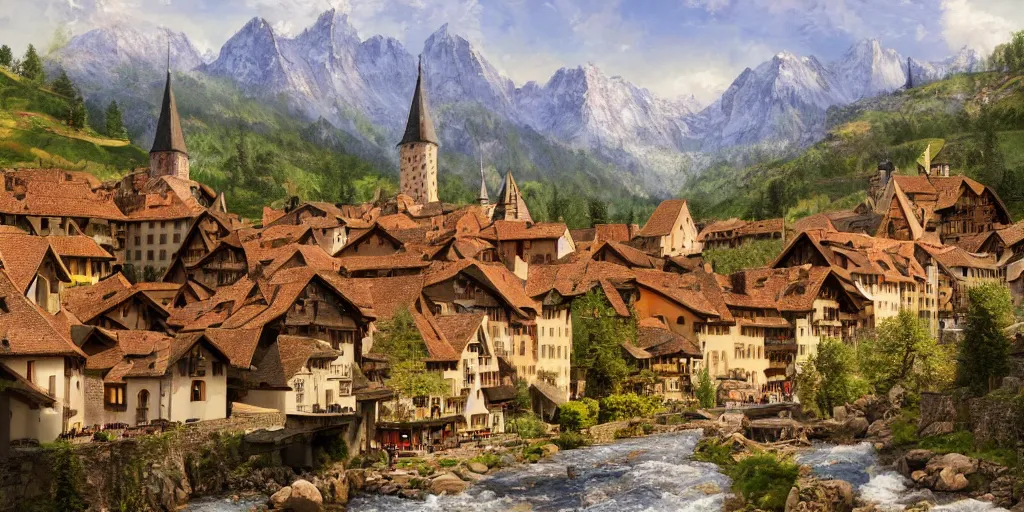 Image similar to view of medieval walled city nestled in a mountain with small river flowing through center, large castle high up in a mountain peak in the background, alpine architecture, half - timbered, chalet, soft colors, cozy, very beautiful, intricate, majestic, concept art, artgerm, james gurney, trending on art station